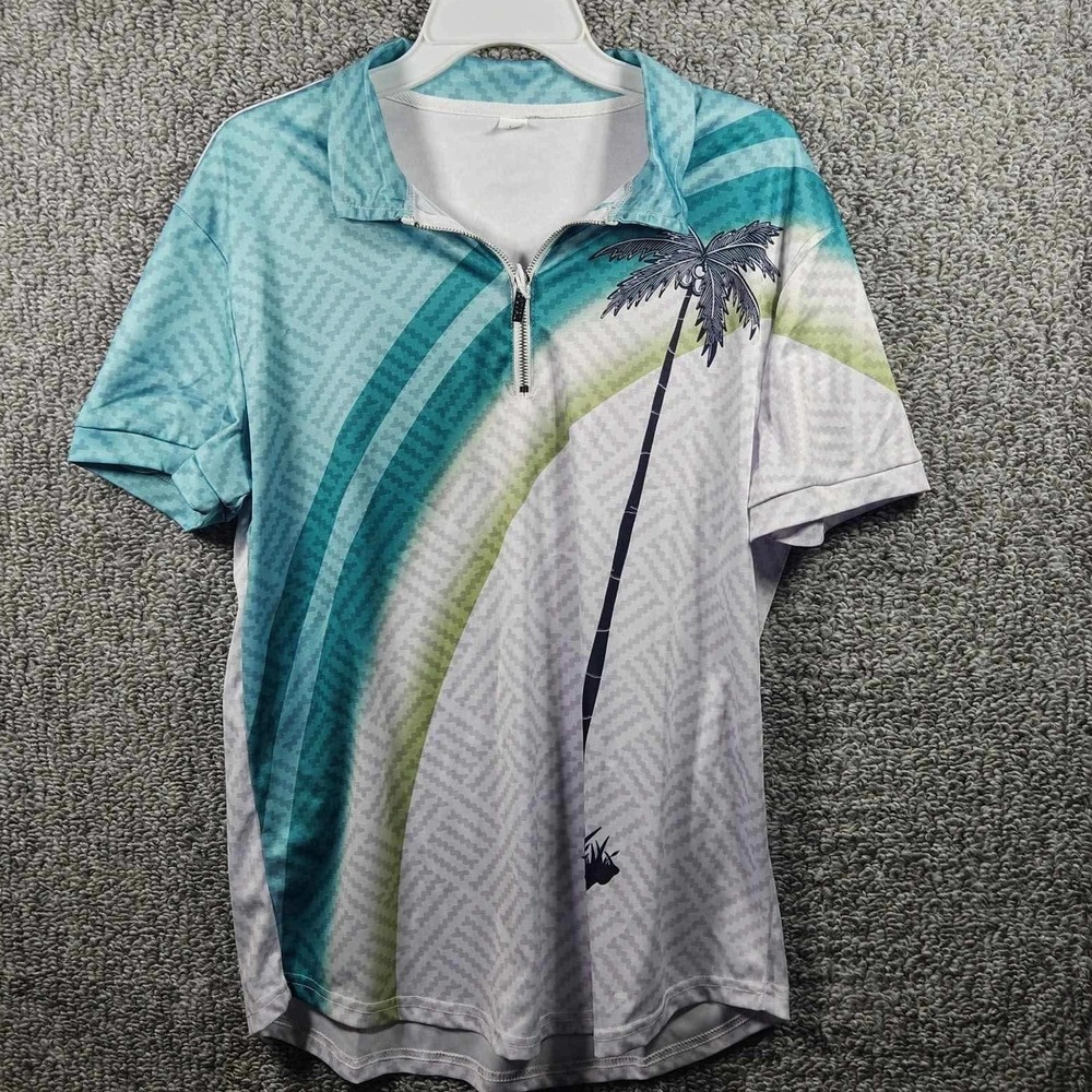 Duval Quarter Zip Polo Teal White Tropical Palm Tree Mens Large Beachy